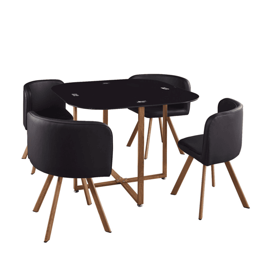 Mesa de vidro quadrada preta TEKA + 4 cadeiras de poli-couro 100x100CM Mesa de vidro quadrada preta TEKA + 4 cadeiras de poli-couro 100x100CM