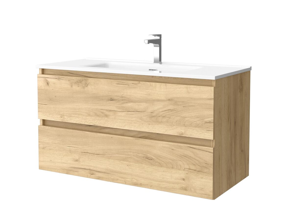 Mueble de baño bequia 100 cm roble | lavabo de porcelana | salgar
