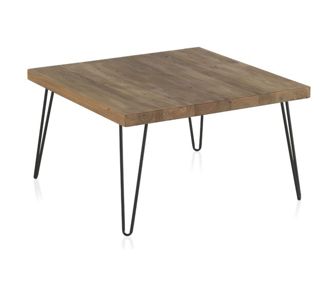 Mesa de centro de madera de olmo antigua con patas de metal