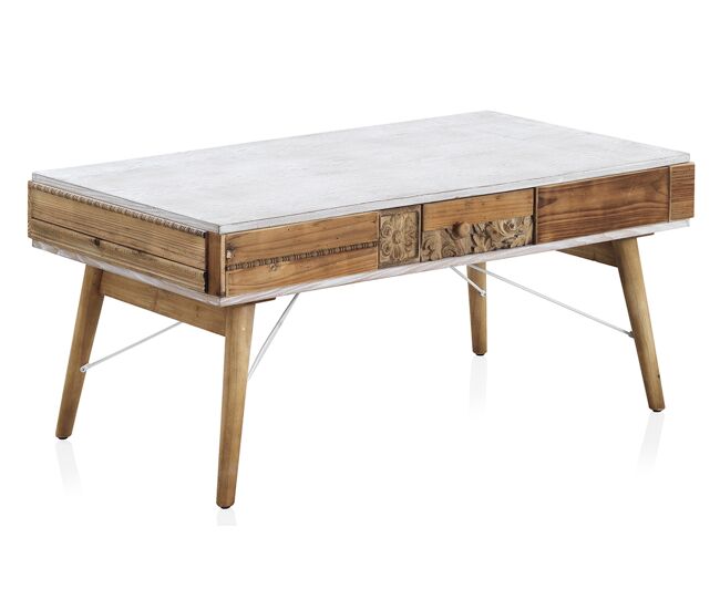 Mesa de centro blanca con frente de madera natural recuperada