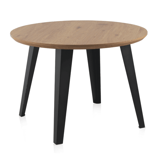 Mesa redonda de melamina com efeito de madeira 110 cm de diâmetro com pernas de metal