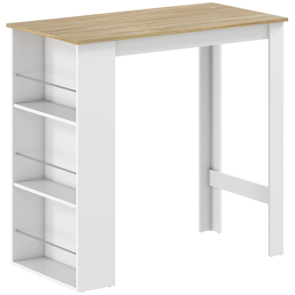 Homcom mesa alta de bar, mesa de cocina con 3 estantes laterales, estilo moderno, para comedor, salón, 112x57x106 cm, blanco