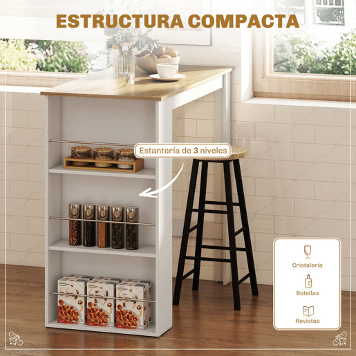 HOMCOM Mesa de Bar de Bistrô com 3 Prateleiras com Suporte Estilo Moderno para Cozinha Sala de Jantar Sala de Estar Estrutura de Melamina 112x57x106 cm Branco