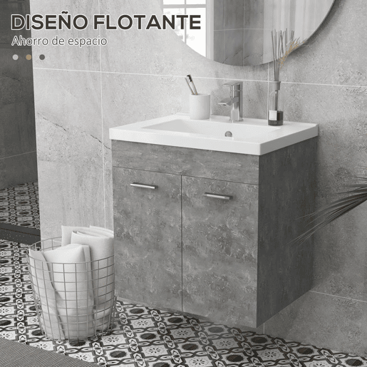 kleankin Móvel Casa de Banho com Lavatório Cerâmico Móvel Casa de Banho de Parede com 2 Portas e Prateleira Ajustável 60x45,5x60 cm Cinza