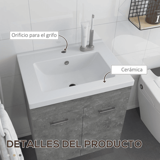 kleankin Móvel Casa de Banho com Lavatório Cerâmico Móvel Casa de Banho de Parede com 2 Portas e Prateleira Ajustável 60x45,5x60 cm Cinza