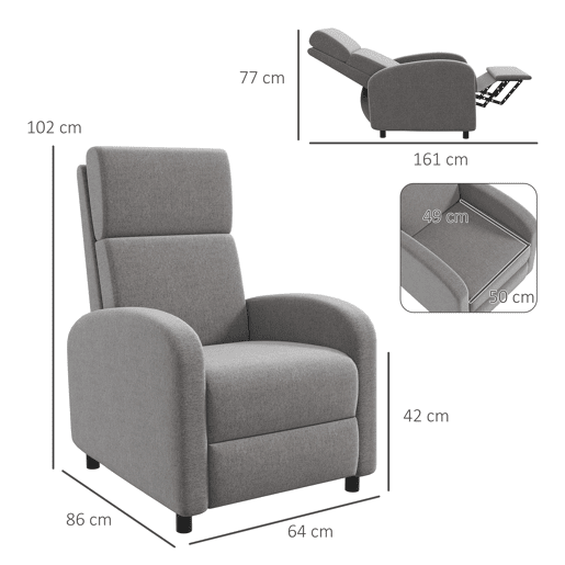 HOMCOM Poltrona Relax Reclinável até 160° Poltrona Reclinável Manual com Apoio para os Pés Carga Máxima 120 kg para Sala de Estar Dormitório 64x86x102 cm Cinza