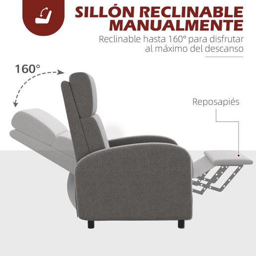 HOMCOM Poltrona Relax Reclinável até 160° Poltrona Reclinável Manual com Apoio para os Pés Carga Máxima 120 kg para Sala de Estar Dormitório 64x86x102 cm Cinza