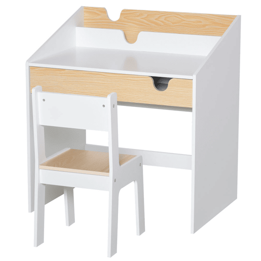 HOMCOM Secretária para Crianças de 3 e 6 Anos Conjunto de Mesa e Cadeira com Gaveta e Prateleira para Livros 70x50x75 cm Branco e Madeira