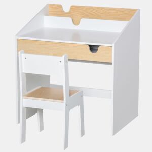 HOMCOM Secretária para Crianças de 3 e 6 Anos Conjunto de Mesa e Cadeira com Gaveta e Prateleira para Livros 70x50x75 cm Branco e Madeira