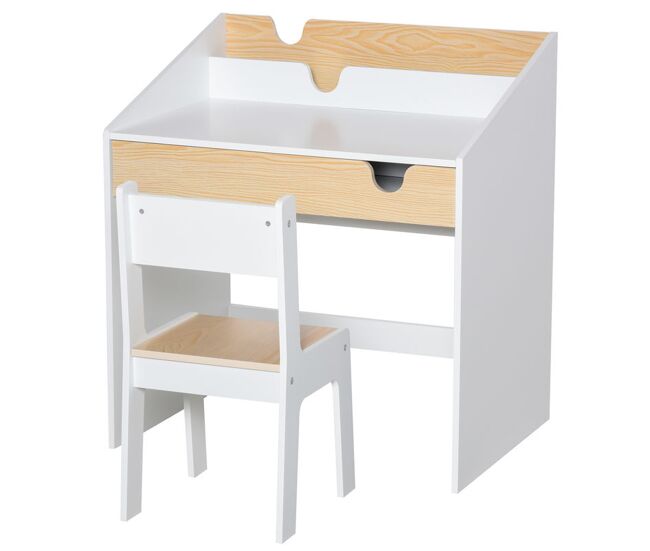 Homcom escritorio para niños con silla de 3 a 6 años pupitre infantil 2 en 1 conjunto de escritorio 2 piezas con cajón y eatantes de libros 70x50x75 cm blanco y natural
