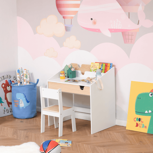 HOMCOM Secretária para Crianças de 3 e 6 Anos Conjunto de Mesa e Cadeira com Gaveta e Prateleira para Livros 70x50x75 cm Branco e Madeira