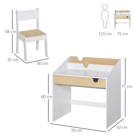 HOMCOM Secretária para Crianças de 3 e 6 Anos Conjunto de Mesa e Cadeira com Gaveta e Prateleira para Livros 70x50x75 cm Branco e Madeira