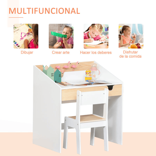 HOMCOM Secretária para Crianças de 3 e 6 Anos Conjunto de Mesa e Cadeira com Gaveta e Prateleira para Livros 70x50x75 cm Branco e Madeira