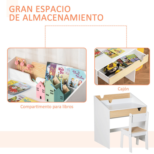 HOMCOM Secretária para Crianças de 3 e 6 Anos Conjunto de Mesa e Cadeira com Gaveta e Prateleira para Livros 70x50x75 cm Branco e Madeira