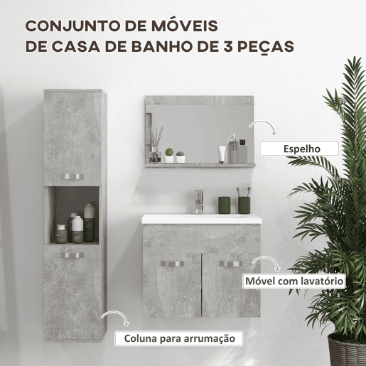 kleankin Conjunto de Móveis para Casa de Banho de Parede 3 Peças Inclui Espelho com Prateleira Móvel com Lavatório Cerâmico e Coluna de Casa de Banho Estilo Moderno Cinza
