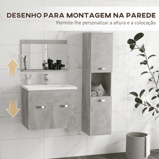 kleankin Conjunto de Móveis para Casa de Banho de Parede 3 Peças Inclui Espelho com Prateleira Móvel com Lavatório Cerâmico e Coluna de Casa de Banho Estilo Moderno Cinza
