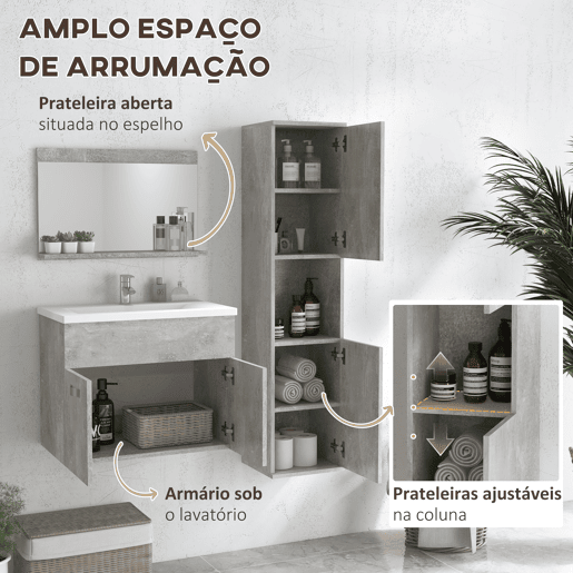 kleankin Conjunto de Móveis para Casa de Banho de Parede 3 Peças Inclui Espelho com Prateleira Móvel com Lavatório Cerâmico e Coluna de Casa de Banho Estilo Moderno Cinza
