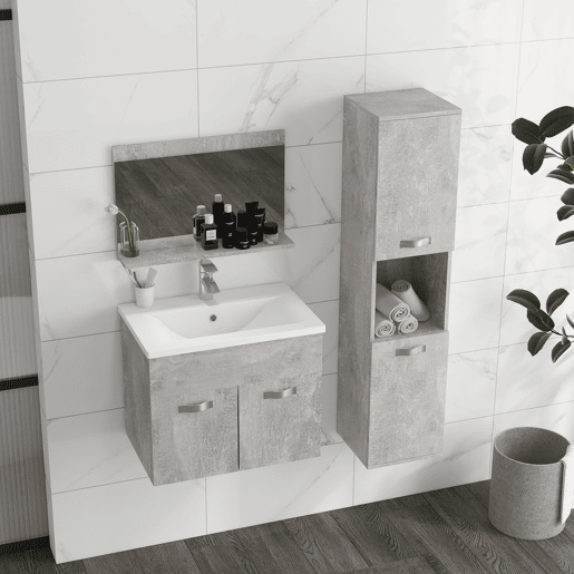 kleankin Conjunto de Móveis para Casa de Banho de Parede 3 Peças Inclui Espelho com Prateleira Móvel com Lavatório Cerâmico e Coluna de Casa de Banho Estilo Moderno Cinza