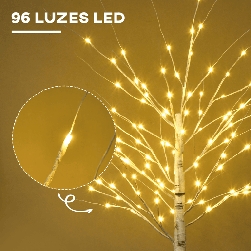 HOMCOM Árvore de Bétula Altura 180cm com 96 Luzes LED IP44 Branco Quente Ramos Flexíveis e Base de Candeeiro Árvore de Decoração de Natal para Interiores 22x22x180 cm Branco HOMCOM Árvore de Bétula Altura 180cm com 96 Luzes LED IP44 Branco Quente Ramos Flexíveis e Base de Candeeiro Árvore de Decoração de Natal para Interiores 22x22x180 cm Branco
