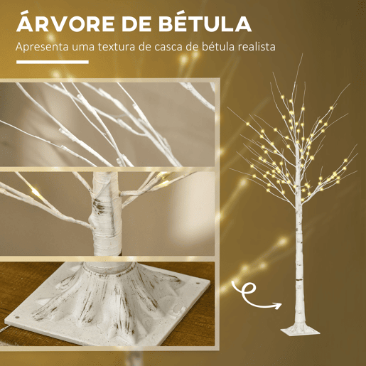 HOMCOM Árvore de Bétula Altura 180cm com 96 Luzes LED IP44 Branco Quente Ramos Flexíveis e Base de Candeeiro Árvore de Decoração de Natal para Interiores 22x22x180 cm Branco HOMCOM Árvore de Bétula Altura 180cm com 96 Luzes LED IP44 Branco Quente Ramos Flexíveis e Base de Candeeiro Árvore de Decoração de Natal para Interiores 22x22x180 cm Branco
