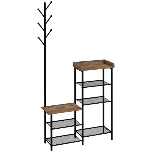 HOMCOM Móvel Cabide de Entrada com Sapateira 5 Prateleiras Móvel de Entrada com 6 Ganchos para Pendurar Bolsas Roupas Estilo Industrial para Corredor Entrada 92,5x28x182 cm Marrom Rústico