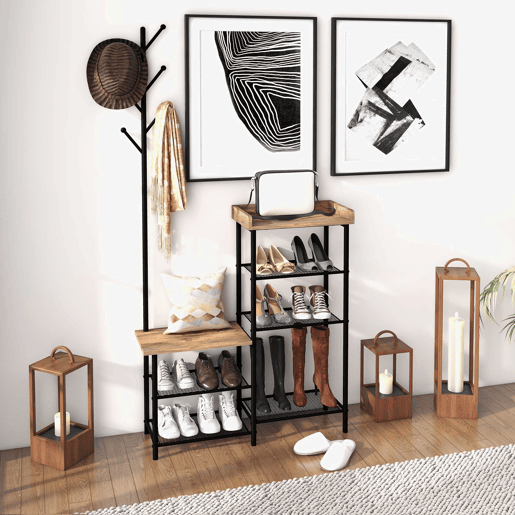 HOMCOM Móvel Cabide de Entrada com Sapateira 5 Prateleiras Móvel de Entrada com 6 Ganchos para Pendurar Bolsas Roupas Estilo Industrial para Corredor Entrada 92,5x28x182 cm Marrom Rústico