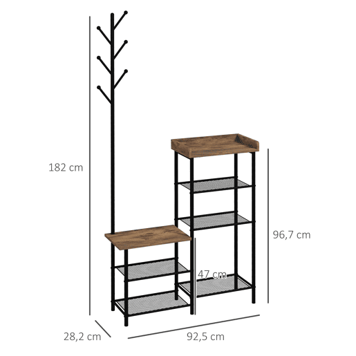 HOMCOM Móvel Cabide de Entrada com Sapateira 5 Prateleiras Móvel de Entrada com 6 Ganchos para Pendurar Bolsas Roupas Estilo Industrial para Corredor Entrada 92,5x28x182 cm Marrom Rústico
