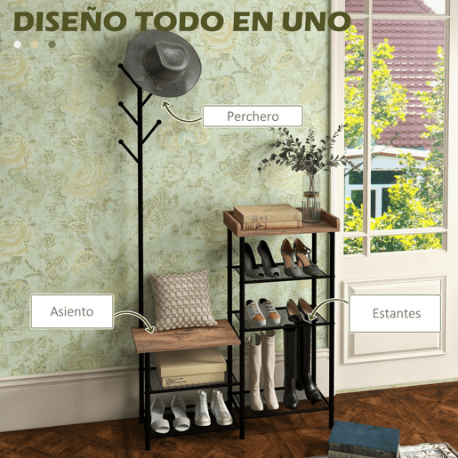 HOMCOM Móvel Cabide de Entrada com Sapateira 5 Prateleiras Móvel de Entrada com 6 Ganchos para Pendurar Bolsas Roupas Estilo Industrial para Corredor Entrada 92,5x28x182 cm Marrom Rústico