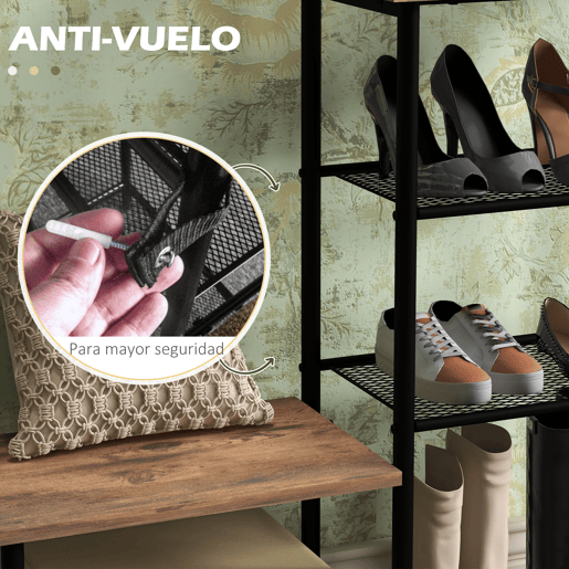 HOMCOM Móvel Cabide de Entrada com Sapateira 5 Prateleiras Móvel de Entrada com 6 Ganchos para Pendurar Bolsas Roupas Estilo Industrial para Corredor Entrada 92,5x28x182 cm Marrom Rústico