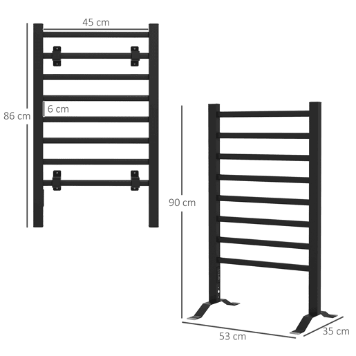 HOMCOM Toalheiro Elétrico de Parede ou Solo 150 W Aquecedor de Toalhas de Liga de Alumínio com Função de Temporizador e 8 Barras para Casa de Banho 53x35x90 cm Preto