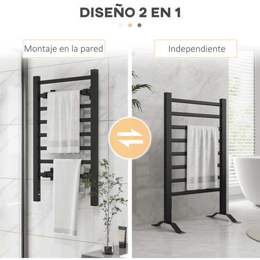 HOMCOM Toalheiro Elétrico de Parede ou Solo 150 W Aquecedor de Toalhas de Liga de Alumínio com Função de Temporizador e 8 Barras para Casa de Banho 53x35x90 cm Preto