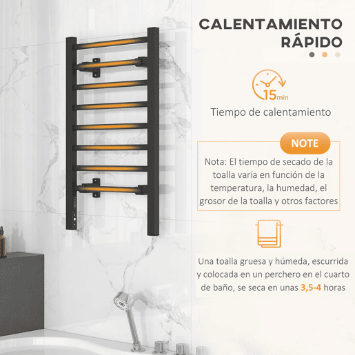 HOMCOM Toalheiro Elétrico de Parede ou Solo 150 W Aquecedor de Toalhas de Liga de Alumínio com Função de Temporizador e 8 Barras para Casa de Banho 53x35x90 cm Preto