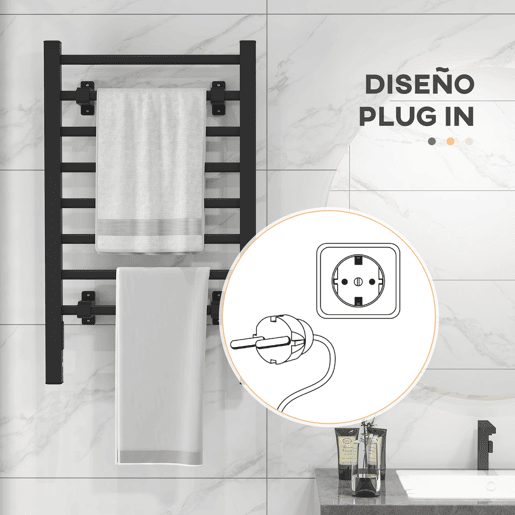 HOMCOM Toalheiro Elétrico de Parede ou Solo 150 W Aquecedor de Toalhas de Liga de Alumínio com Função de Temporizador e 8 Barras para Casa de Banho 53x35x90 cm Preto