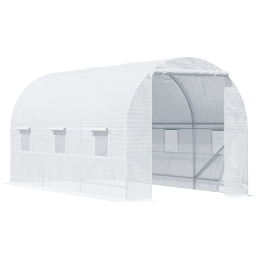 Outsunny Estufa tipo Túnel 445x200x200 cm Estufa de Jardim com Porta Enrolável e 6 Janelas Cobertura de PE 140 gm² Anti-UV Estrutura de Metal para Cultivo de Plantas Verduras Branco