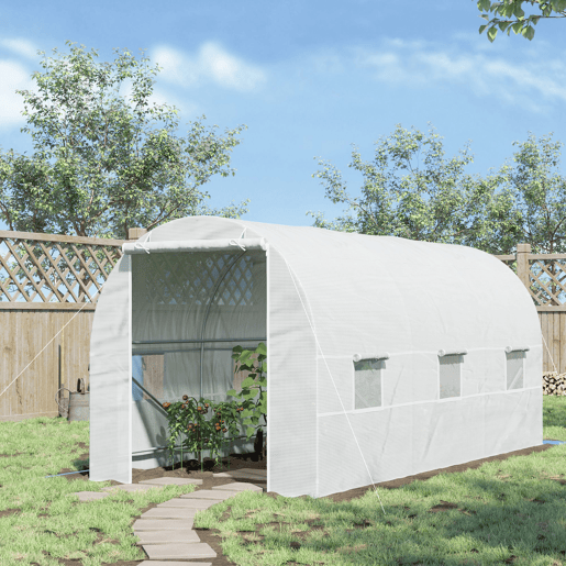 Outsunny Estufa tipo Túnel 445x200x200 cm Estufa de Jardim com Porta Enrolável e 6 Janelas Cobertura de PE 140 gm² Anti-UV Estrutura de Metal para Cultivo de Plantas Verduras Branco