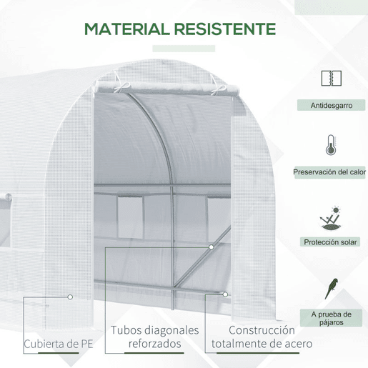 Outsunny Estufa tipo Túnel 445x200x200 cm Estufa de Jardim com Porta Enrolável e 6 Janelas Cobertura de PE 140 gm² Anti-UV Estrutura de Metal para Cultivo de Plantas Verduras Branco