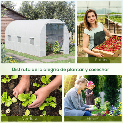 Outsunny Estufa tipo Túnel 445x200x200 cm Estufa de Jardim com Porta Enrolável e 6 Janelas Cobertura de PE 140 gm² Anti-UV Estrutura de Metal para Cultivo de Plantas Verduras Branco