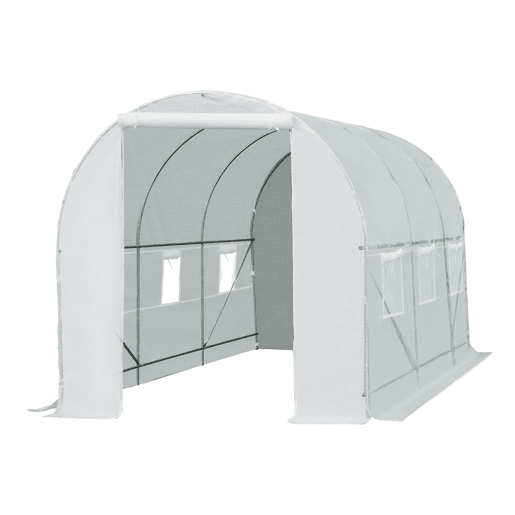 Outsunny Estufa tipo Túnel 445x200x200 cm Estufa de Jardim com Porta Enrolável e 6 Janelas Cobertura de PE 140 gm² Anti-UV Estrutura de Metal para Cultivo de Plantas Verduras Branco