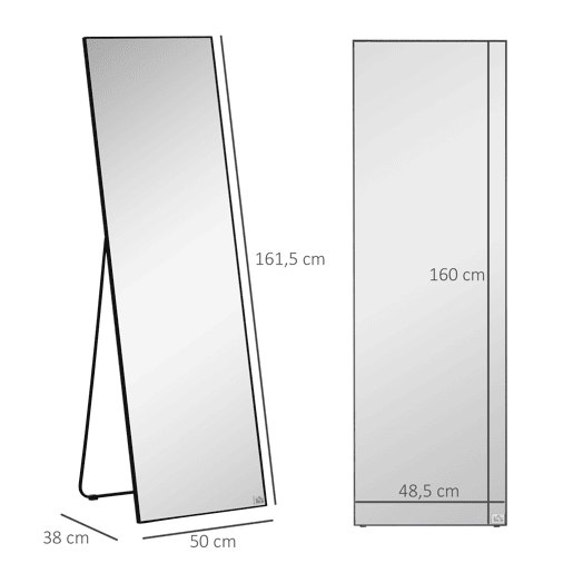 HOMCOM Espelho de Pé Corpo Inteiro 161,5x50 cm com Moldura de Liga de Alumínio Espelho de Parede Retangular com 2 Formas de Uso para Corredor Quarto Sala de Estar Vestiário Preto