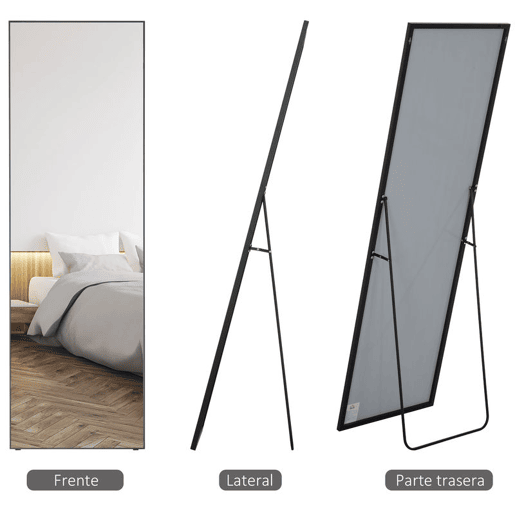 HOMCOM Espelho de Pé Corpo Inteiro 161,5x50 cm com Moldura de Liga de Alumínio Espelho de Parede Retangular com 2 Formas de Uso para Corredor Quarto Sala de Estar Vestiário Preto