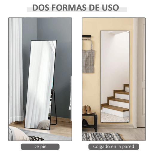 HOMCOM Espelho de Pé Corpo Inteiro 161,5x50 cm com Moldura de Liga de Alumínio Espelho de Parede Retangular com 2 Formas de Uso para Corredor Quarto Sala de Estar Vestiário Preto
