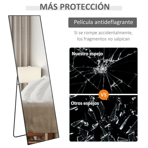 HOMCOM Espelho de Pé Corpo Inteiro 161,5x50 cm com Moldura de Liga de Alumínio Espelho de Parede Retangular com 2 Formas de Uso para Corredor Quarto Sala de Estar Vestiário Preto
