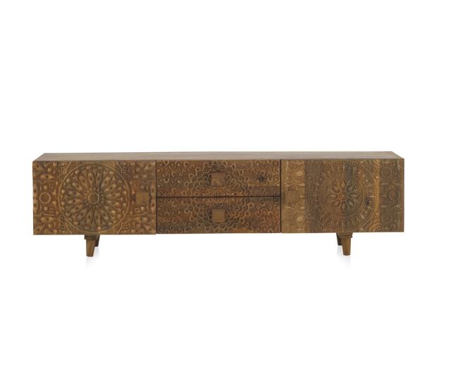 Mueble tv madera natural mango 2 puertas 2 cajones, patas madera