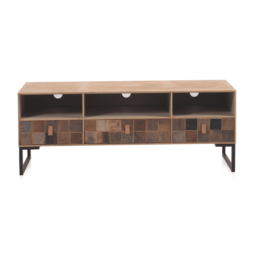 Mueble Tv Chapado En Fresno, Frontis De Madera Reciclada Con Base De Metal