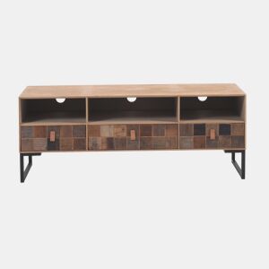 Mueble Tv Chapado En Fresno, Frontis De Madera Reciclada Con Base De Metal
