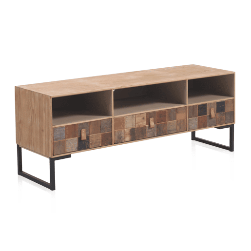 Mueble Tv Chapado En Fresno, Frontis De Madera Reciclada Con Base De Metal