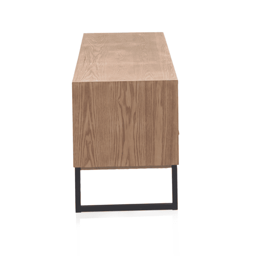 Mueble Tv Chapado En Fresno, Frontis De Madera Reciclada Con Base De Metal