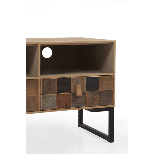 Mueble Tv Chapado En Fresno, Frontis De Madera Reciclada Con Base De Metal