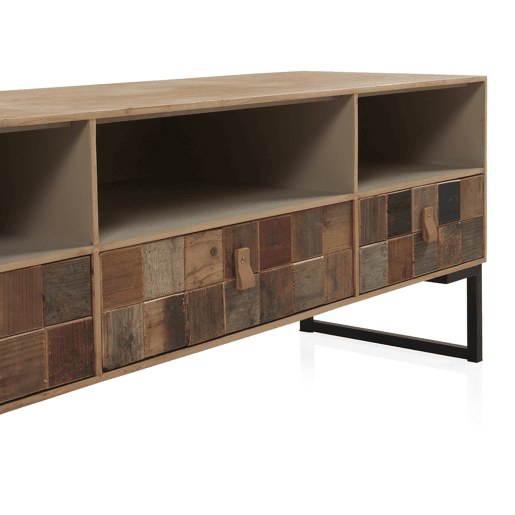 Mueble Tv Chapado En Fresno, Frontis De Madera Reciclada Con Base De Metal
