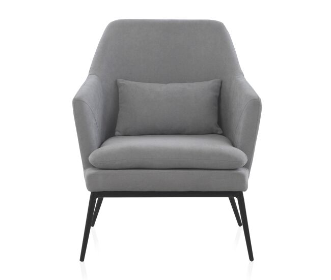 Sillón tapizado azul claro con cojín y patas de metal